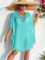 SHEIN Swim Summer Beach Hollow Out Tassel Trim Batwing Sleeve Cover Up Dress