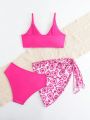 Tween Girls' Love Heart Print Three-Piece Swimsuit Set With Separated Swimwear