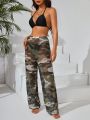 SHEIN Swim Y2GLAM Women'S Solid Color Bikini With Camouflage Print Cover Up Shirt And Pants Swimwear Set