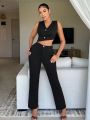 SHEIN SXY Solid Color Women'S Button Front Suit Vest And Pants Set