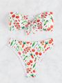 SHEIN Swim Mod Cherry Print Knot Front Bandeau Bikini Swimsuit