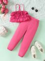 SHEIN Kids Y2Kool Toddler Girls' Pink Ruffle Trimmed Sleeveless Top And Long Pants Set