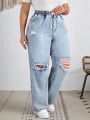 SHEIN LUNE Plus Size Drawstring Waist Ripped Washed Denim Pants