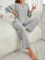 Women'S Notched Collar Knit Stripe Pajama Set