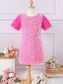 SHEIN Kids QTFun Little Girls' Feathered Sleeve Colorblock Sequin Decorated Fashion Dress