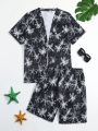 Teenage Boys' Swimwear Set With Plant Pattern Print Woven Fabric