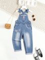 Toddler Girls' Water Washed Overalls Jumpsuit With Embroidery Detailing