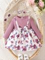 Baby Girls' Stylish Faux Two-piece Flower Printed Dress With Butterfly Knot, Long Sleeve Patchwork Dress With Butterfly Hair Band Set, Spring & Autumn