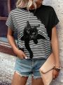 Casual T-Shirt With Cat And Stripe Pattern