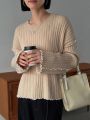 FRIFUL Women'S Round Neck Hollow Out Stripe Drop Shoulder Sweater