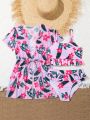 Girls' Ruffled Swimsuit With Random Floral Print
