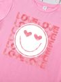 Girls' Casual Round-Neck Short-Sleeved T-Shirt With Letter, Heart & Face Print For Daily Wear