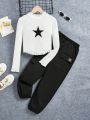 SHEIN Kids HYPEME Teenage Girls' Personalized Knitted Stand-Collar Long Sleeve T-Shirt And Cargo Pants Sportswear Set