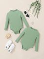 SHEIN Baby Girl Casual Solid Color Long Sleeve Jumpsuit Set, 2pcs