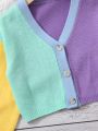 SHEIN Tween Girl Colorblock Drop Shoulder Button Front Cardigan