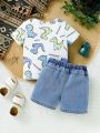 Baby Boys' Dinosaur & Animal Patterned Tops And Denim Shorts Outfit