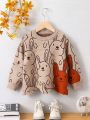 SHEIN Kids QTFun Toddler Girls' Cartoon Printed Round Neck Sweater