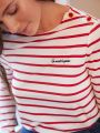 SHEIN Frenchy Women's Striped T-shirt With Letter Print, Button Detail