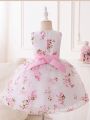 Little Girls' Sleeveless Party Dress With 3d Floral Decoration, Lace Floral Pattern