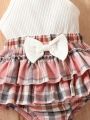 Baby Halter Top & Plaid Print Bow Front Shorts