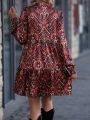 Allover Print Notched Neck Ruffle Hem Smock Dress