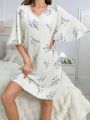 Floral Print Lace Trimmed Bell Sleeve Sleep Dress