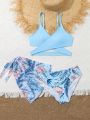 Tween Girls' 3-Piece Swimsuit Set With Botanical Print And Ruffle Trim, Lock Edge