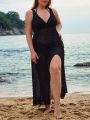 SHEIN Swim Basics Plus Size Solid Color High Slit Cover Up