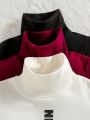 SHEIN Young Boy Comfortable & Warm 3pcs Letter Print Fleece Turtleneck T-shirt, Casual Basic Style