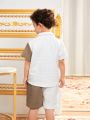 SHEIN Kids Nujoom Young Boy's Texture Contrast Color Short Sleeve Shirt And Shorts Set, Cute And Combinable