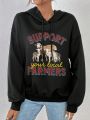 Letter & Animal Print Drop Shoulder Drawstring Hoodie