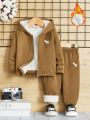 SHEIN Baby Boys' Cute Dinosaur Pattern Hooded Fleece Jacket And Jogger Pants Set