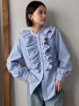 FRIFUL Ladies' Blue Striped Shirt With Floral Lace Collar Design