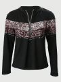 Plus Size Women's Vintage Leopard Print & Polka Dot Pattern Zipper Long Sleeve T-Shirt