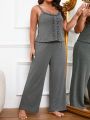 Plus Size Women's Sexy Lace Hem Pleated Camisole Top And Long Pants Pajama Set