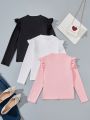 SHEIN Kids EVRYDAY Tween Girls' Ruffle Heart Decor Patchwork T-Shirt 3pcs/Set