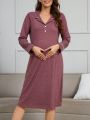 Maternity Colorblock Button Up Homewear Dress With Rolled Edge