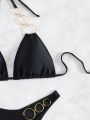 SHEIN Swim SXY Women'S Solid Color V-Neck Halter Ring Bikini Swimsuit Set