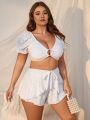 SHEIN Swim Mod Women's Plus Size Knitted Hollow Out Ring & Vest Style Bikini Top And Bottom