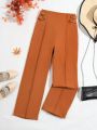 SHEIN Kids SUNSHNE Solid Color Button Decorated Pants For Tween Girls