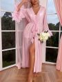 Fuzzy Trim Belted Mesh Robe Without Lingerie Set