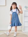 SHEIN Young Girl's Adjustable Loose Fit Denim Overall Skirt, Blue