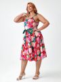 Retro Peaches Plus Size Floral Print Jumpsuit With Tie Straps, Contrast Shorts And Open Front Skirt