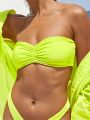 SHEIN Swim Basics Women'S Fluorescent Green Bandeau Bikini Top With Ruched Detail