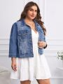 SHEIN LUNE Plus Size Bubble Sleeve Three Quarter Denim Jacket