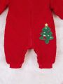 Baby Girl Christmas Snowflake & Tree Pattern Teddy Lined Hooded Jumpsuit