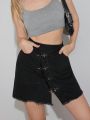 Women's Metal Buckle Asymmetric Raw Hem Denim Skirt