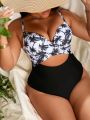 SHEIN Swim Vcay Women's Plus Size Monokini With Coconut Tree Print