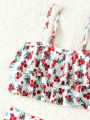 Young Girl's Floral Printed Swimwear With Ruffled Hem