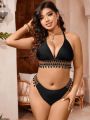 SHEIN Swim BohoFeel Pleated Ball Decor Halter Neck Plus Size Bikini With Triangle Cup